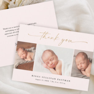 Carte De Remerciements Élégant Script 3 Photo Collage Bébé