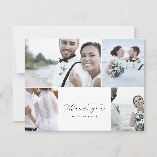 Carte De Remerciements Élégant Script 4 Photo Collage Mariage (Devant)