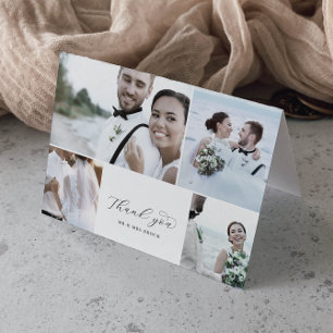 Carte De Remerciements Élégant Script 4 Photo Collage Mariage plié