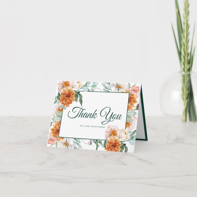 Carte De Remerciements Élégant Script aquarelle Mariage floral photo (Devant)