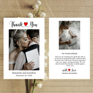 Carte De Remerciements Élégant script avec Red Heart Mariage photo