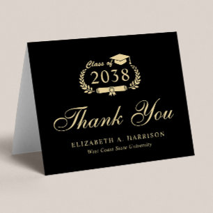 Carte De Remerciements Élégant Script Black Gold Graduation