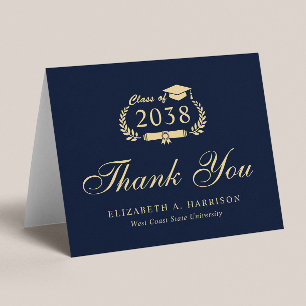 Carte De Remerciements Élégant Script Blue Gold Graduation