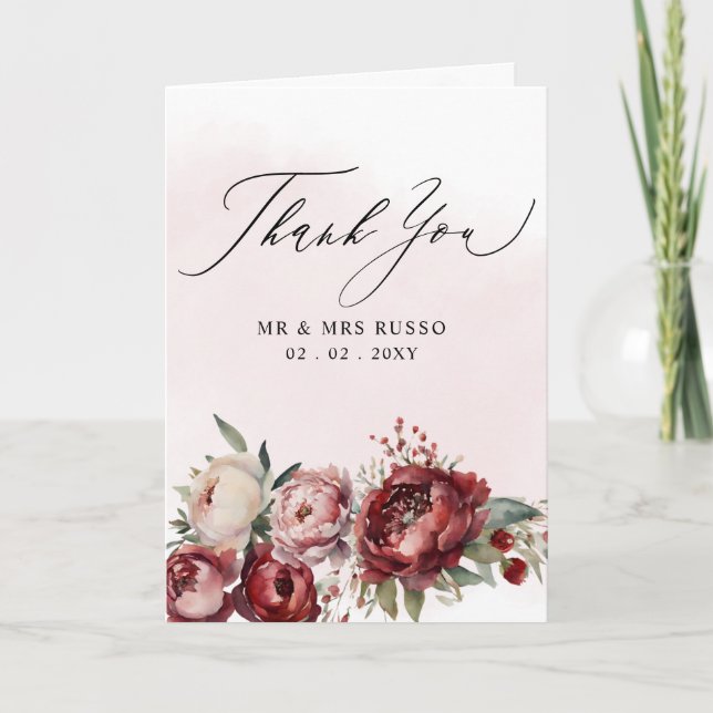 Carte De Remerciements Élégant Script Bourgogne rose Blush Floral Photo (Devant)