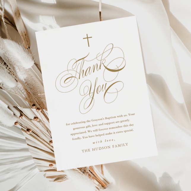 Carte De Remerciements Élégant Script Calligraphie Or Baptême (Elegant calligraphy gold baptism thank you card.)