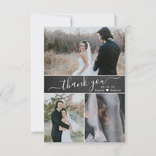 Carte De Remerciements Élégant Script Chalkboard Mariage Photo Collage (Devant)