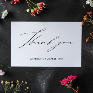 Carte De Remerciements Élégant script de calligraphie noir blanc Mariage