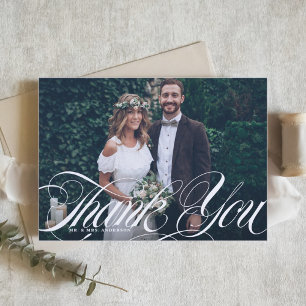 Carte De Remerciements Élégant Script Flourish White Photo Mariage