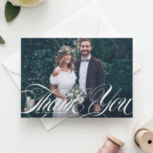 Carte De Remerciements Élégant Script Flourish White Photo Mariage