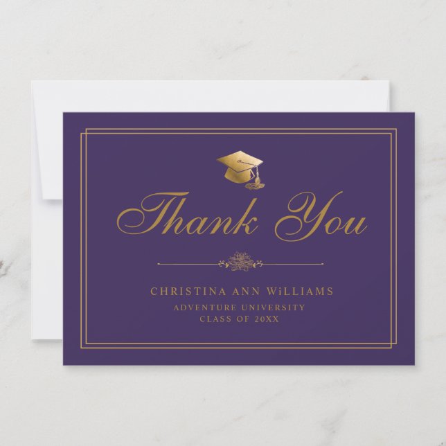 Carte De Remerciements Élégant Script Gold Grad Casquette Purple Graduati (Devant)