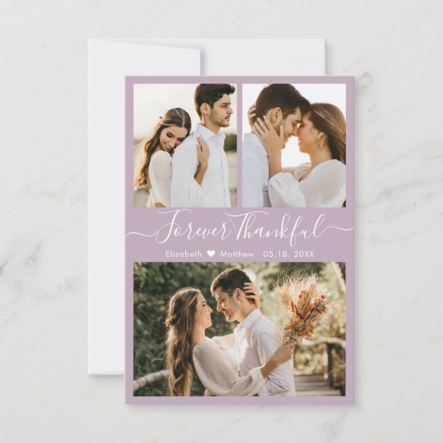 Carte De Remerciements Élégant Script Lilac 3 Photo Collage Mariage (Devant)