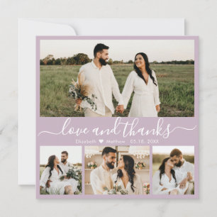 Carte De Remerciements Élégant Script Lilac 4 Photo Collage Mariage