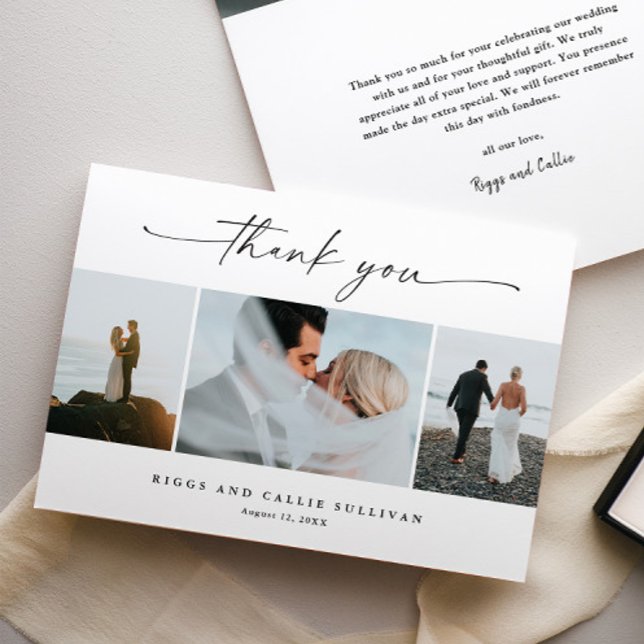 Carte De Remerciements Élégant script manuscrit Mariage photo (Elegant handwritten wedding photo folded thank you cards.)