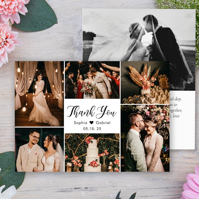 Carte De Remerciements Élégant script Mariage Multi Photo Collage (Créateur téléchargé)