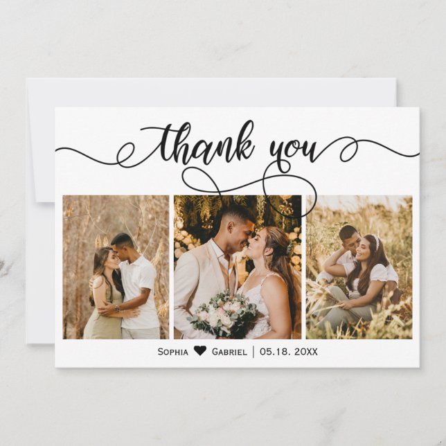 Carte De Remerciements Élégant Script Mariage Trois Photo Collage (Devant)
