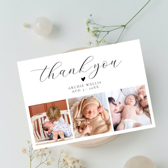 Carte De Remerciements Élégant Script Minimal Photo Collage Baby shower (Créateur téléchargé)