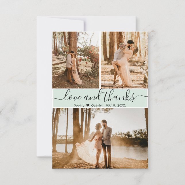Carte De Remerciements Élégant Script Mint Green Mariage 3 Photo Collage (Devant)