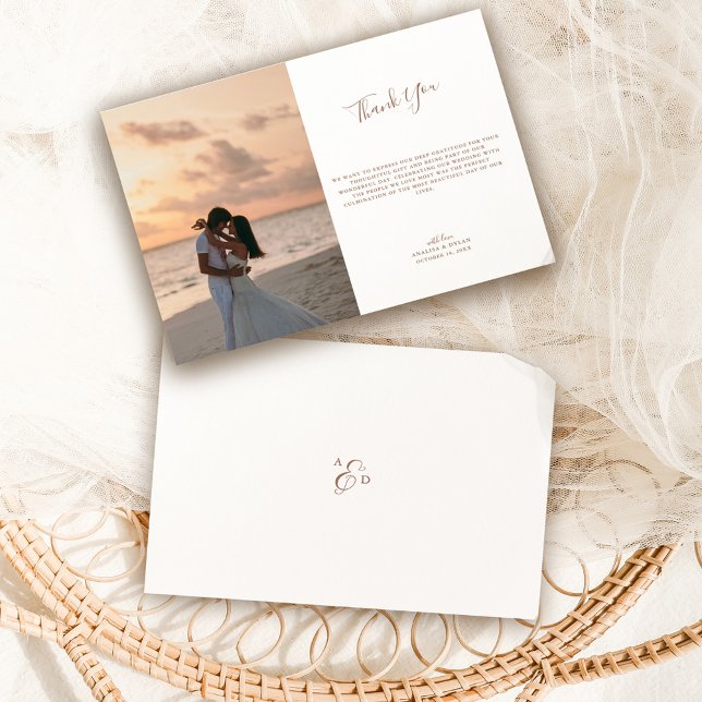 Carte De Remerciements Élégant Script Mocha Monogram Mariage Photo (Créateur téléchargé)