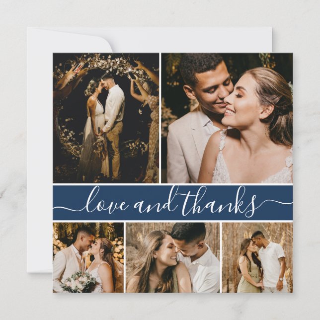 Carte De Remerciements Élégant Script Navy 5 Photo Collage Mariage (Devant)