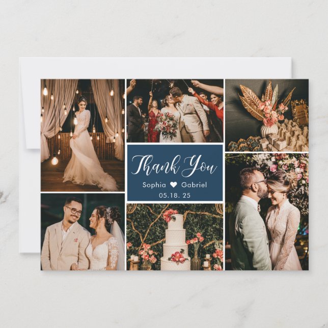 Carte De Remerciements Élégant Script Navy Mariage Multi Photo Collage (Devant)