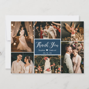 Carte De Remerciements Élégant Script Navy Mariage Multi Photo Collage