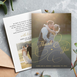 Carte De Remerciements Élégant script or 2 photos mariage