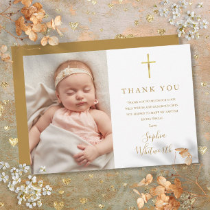 Carte De Remerciements Élégant script or Baptême Christening Photo