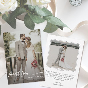 Carte De Remerciements Elegant Script Overlay Simple Two Photo Wedding