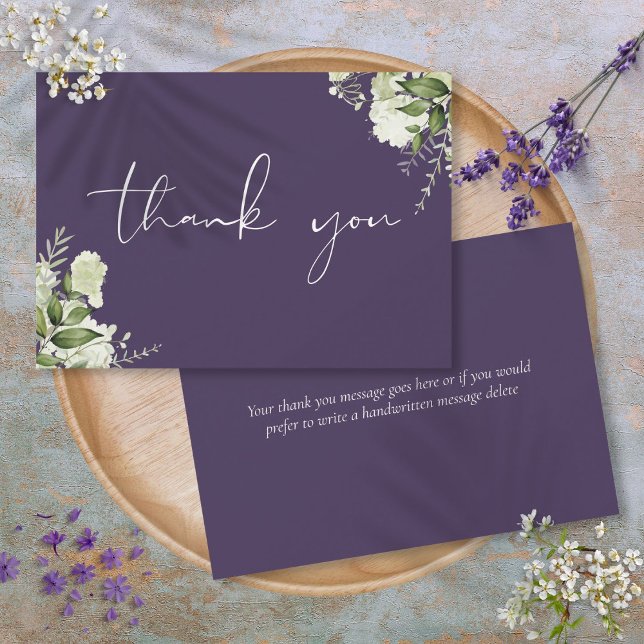 Carte De Remerciements Élégant script personnalisé Purple Green (Custom Purple Greenery Elegant Script Thank You Card)