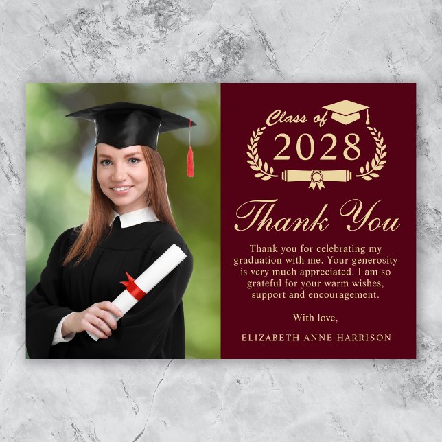 Carte De Remerciements Élégant Script Photo Bourgogne Gold Graduation (An elegant photo graduation thank you card to show gratitude to friends and family for their support)