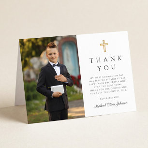Carte De Remerciements Élégant Script Photo Garçon Première Communion Pli