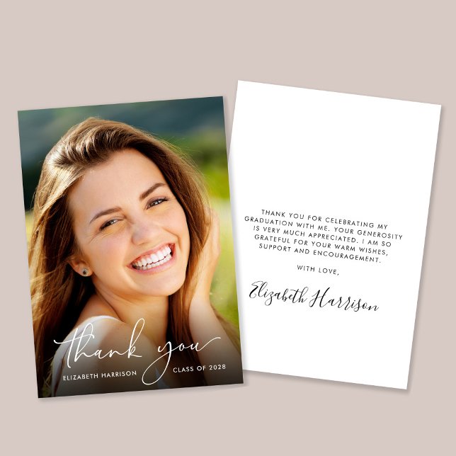 Carte De Remerciements Élégant Script Photo Overlay Graduation (Créateur téléchargé)