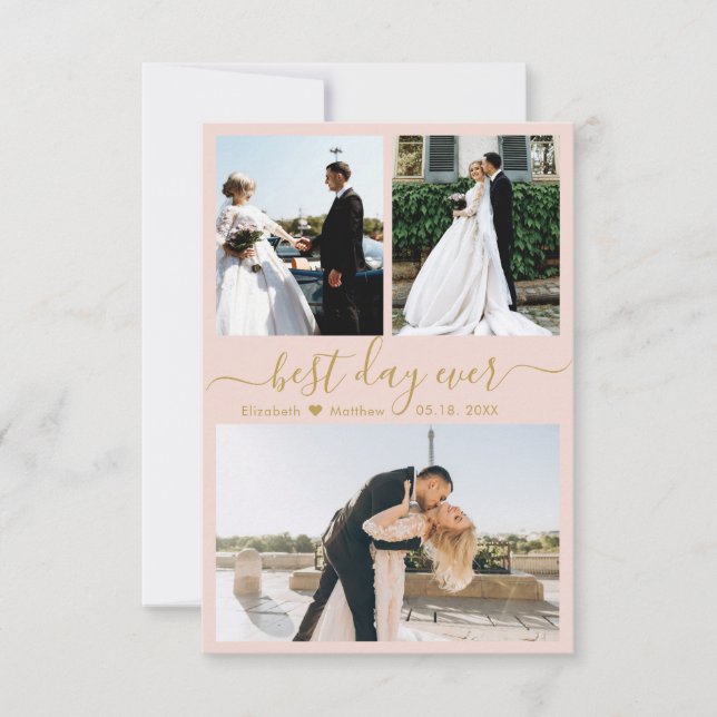 Carte De Remerciements Élégant Script Pink Gold 3 Photo Collage Mariage (Devant)
