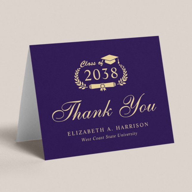 Carte De Remerciements Élégant Script Purple Gold Graduation (An elegant photo graduation thank you card to show gratitude to friends and family for their support)
