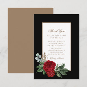 Carte De Remerciements Élégant Script Red Peonies Black & Gold Mariage