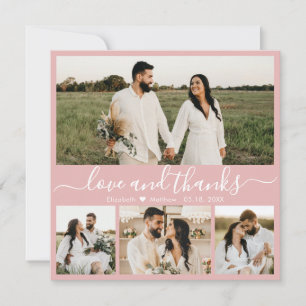 Carte De Remerciements Élégant Script rose blanc 4 Photo Collage Mariage
