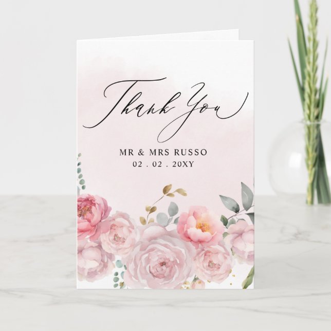 Carte De Remerciements Élégant Script rose Blush Floral Photo (Devant)