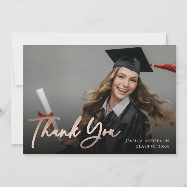 Carte De Remerciements Élégant Script Rose Gold Foil Photo Graduation (Devant)