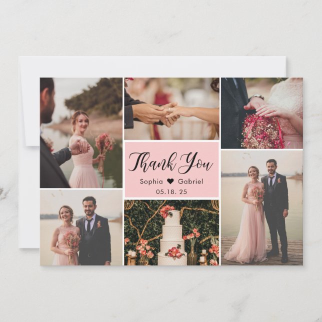 Carte De Remerciements Élégant script rose Mariage Multiphoto Collage T (Devant)