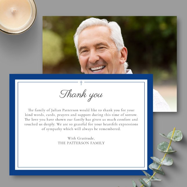 Carte De Remerciements Élégant Script Simple Cross Custom Funeral Photo (Créateur téléchargé)