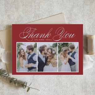 Carte De Remerciements Élégant Script Trois Photo Collage Mariage rouge