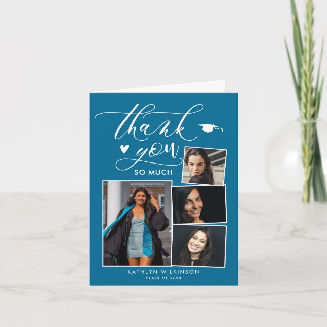 Carte De Remerciements Élégant Script Turquoise 4 Photo Chic Graduation (Devant)