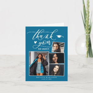 Carte De Remerciements Élégant Script Turquoise 4 Photo Chic Graduation