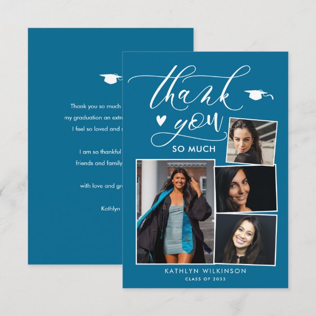 Carte De Remerciements Élégant Script Turquoise Chic 4 Photo Graduation (Devant / Derrière)