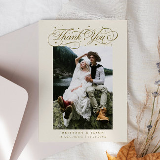 Carte De Remerciements Elegant Script Typography Dots Wedding Photo Beige
