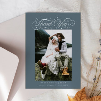 Carte De Remerciements Elegant Script Typography Dots Wedding Slate Blue