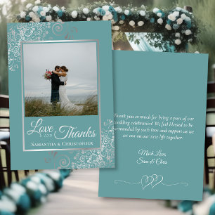 Carte De Remerciements Elégant Silver & Turquoise Photo & Note Mariage