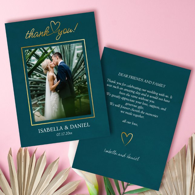 Carte De Remerciements Élégant Simple Chic Script Amour avec Mariage de c (Elegant Simple Chic Script Love with Heart Teal Wedding Thank You Card)