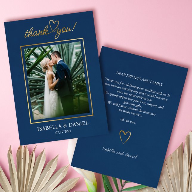 Carte De Remerciements Élégant Simple Chic Script Amour avec Mariage de c (Elegant Simple Chic Script Love with Heart Blue Wedding Thank You Card)