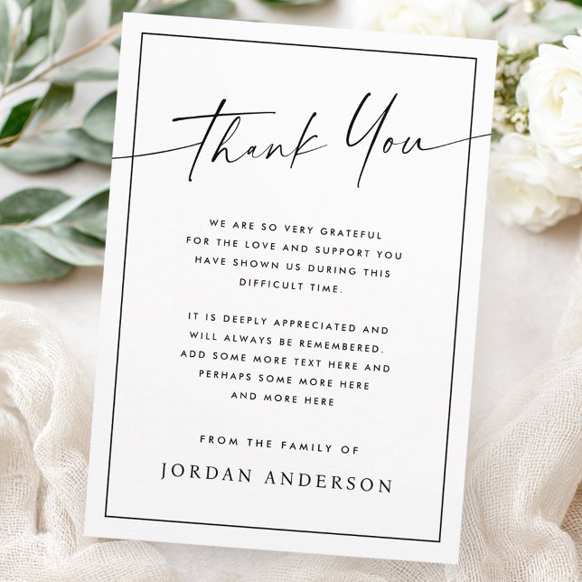 Carte De Remerciements Elegant simple modern script thin border funeral (Elegant simple modern script thin border funeral thank you card)